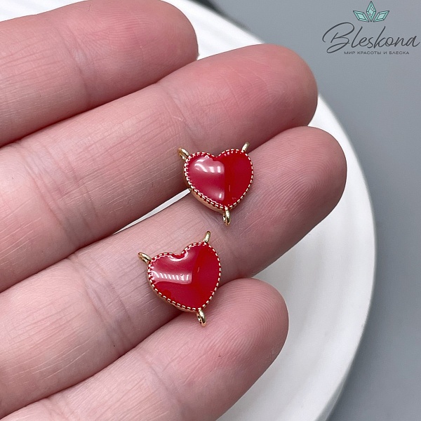 Коннектор сердце красная эмаль, цвет золото 10,5*11,5мм 