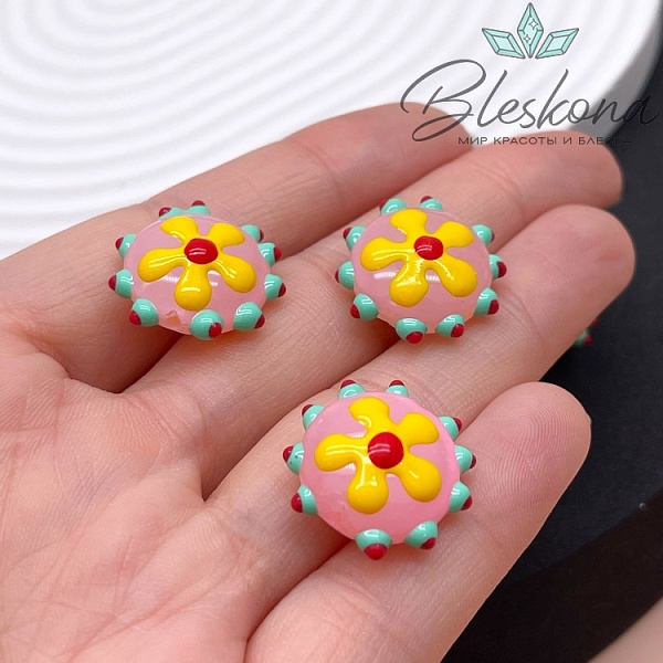 20 мм Бусина округлая розовая желтый цветок