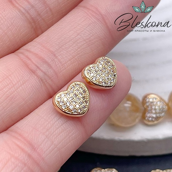 8*9мм Цвет  золото,Бусина сердце цирконы 