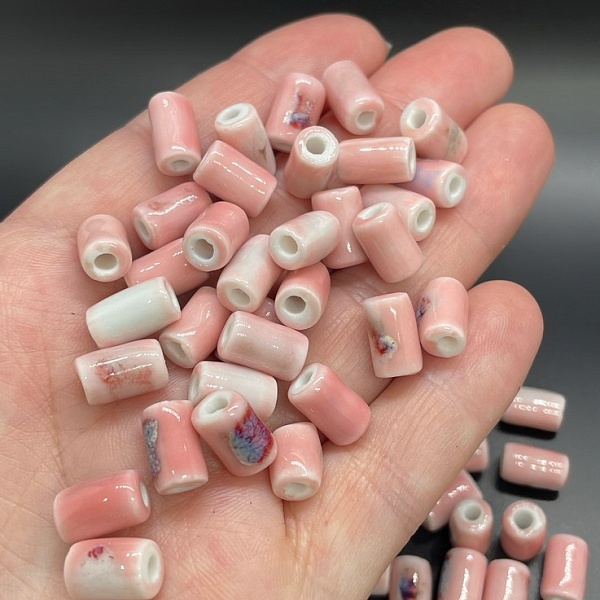 6*10 мм Бусина трубочка, керамика цвет розовый рисунок