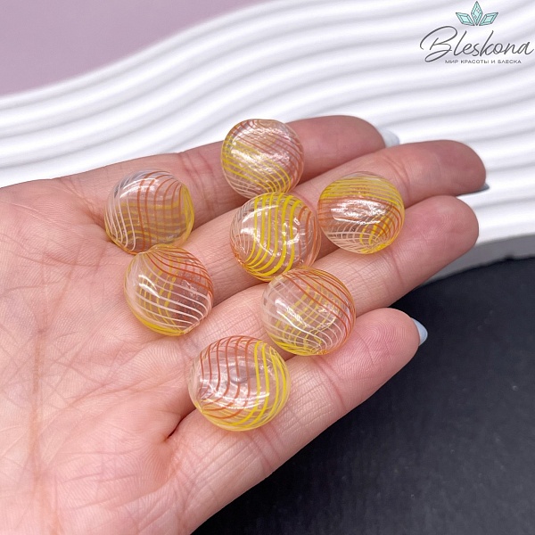 16 мм Бусина таблетка стекло прозрачное желто- оранжевые полосы, отверстие поперек