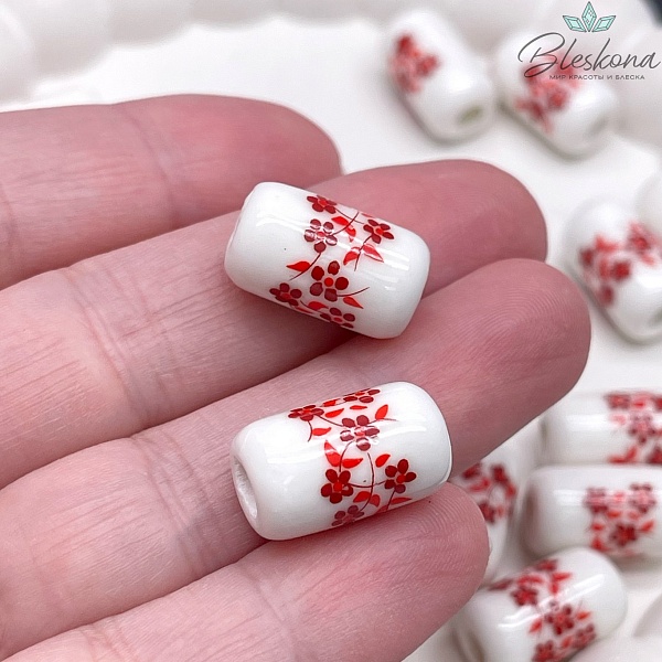 17*10 мм Керамика Бусина бочонок  роспись гжель №10 (штучно)