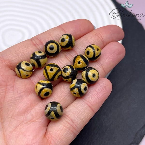 Бусина Дзи 3 глаза желто-черный шар 10 мм уп.10 шт.