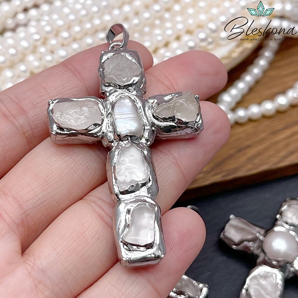 38*65 мм Цвет серебро, Подвеска крест Жемчуг, Горный Хрусталь в обрамлении