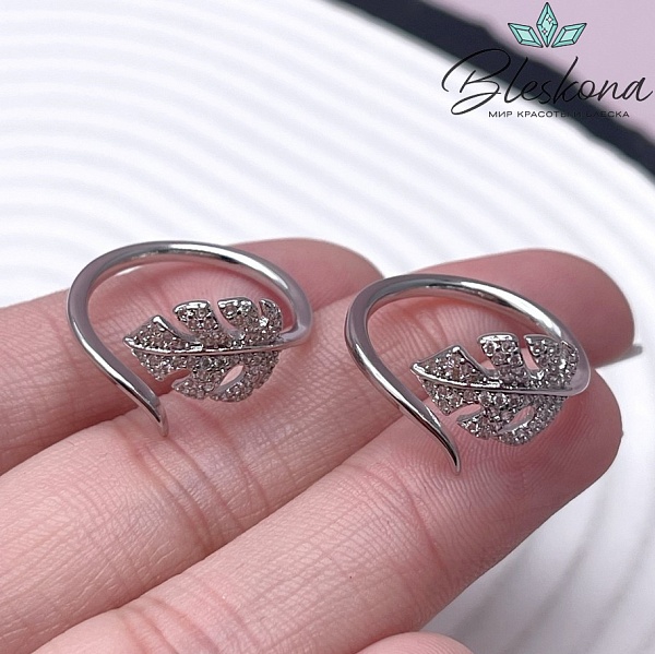 20 мм Цвет серебро, Кольцо безразмерное монстера цирконы