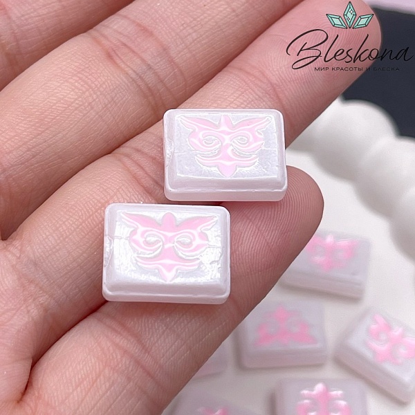 12*16 мм Бусина Этно прямоугольник белый розовый рисунок