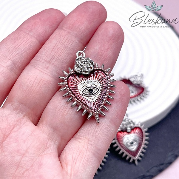 25*30 мм Цвет серебро, Подвеска Сердце красное глаз черный
