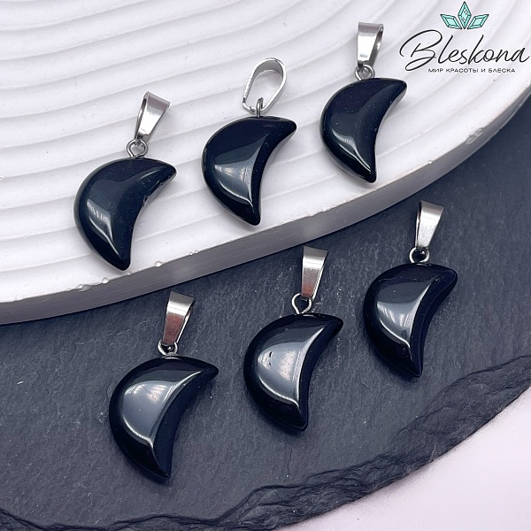 18*13 мм Цвет серебро, Подвеска полумесяц Обсидиан