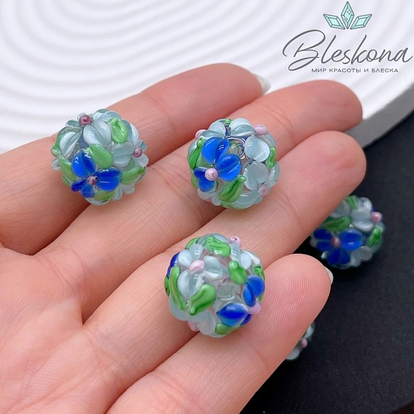 16 мм  Бусина шар цветок голубой