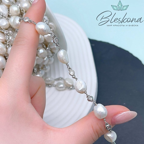 Цепь №252 цвет серебро, Жемчуг и цирконы 4*8,5 мм/12*8,5 мм