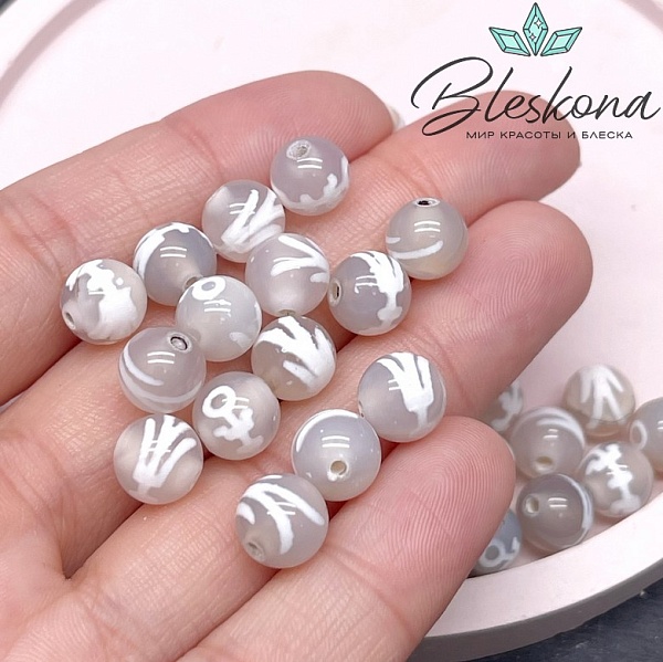 Бусина Дзи Большой Человек (Аристократ) серо-белый шар 8 мм уп.15 шт