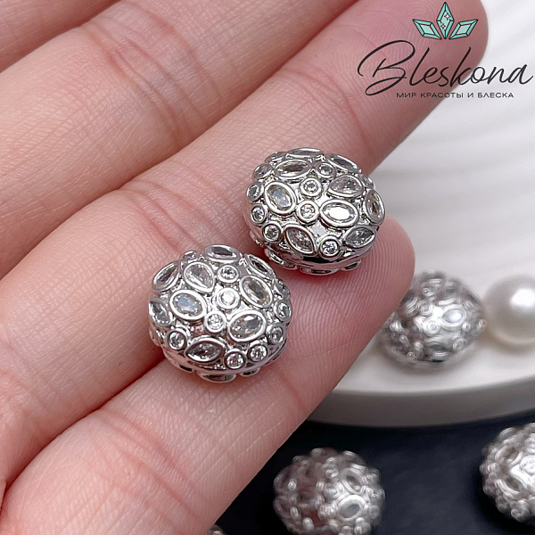 13 мм Цвет серебро, Бусина шар плоский цирконы