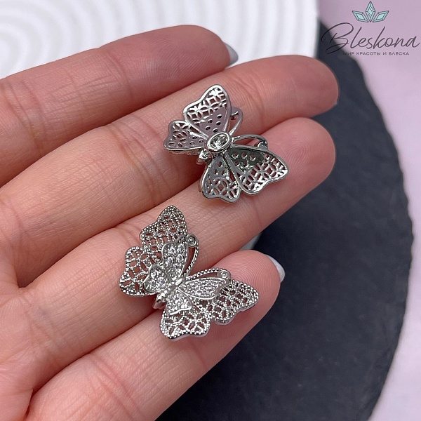 17*21 мм Цвет серебро, Бусина бабочка с цирконами  