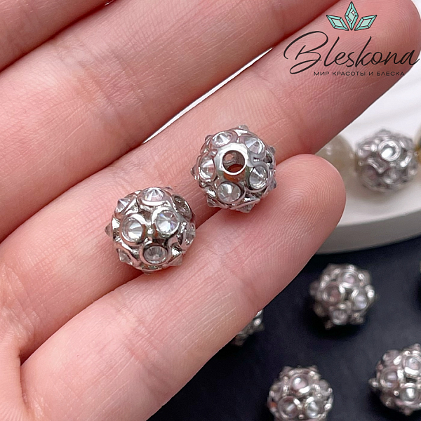 10,5 мм Цвет серебро, Бусина шар цирконы