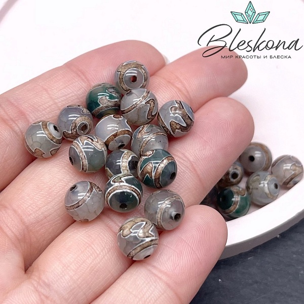 Бусина Дзи Золотой ключ зелено-коричневый шар 8 мм уп.15 шт.