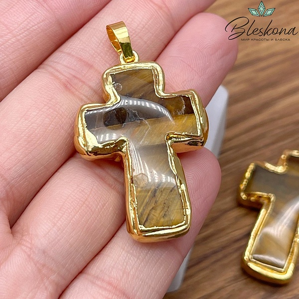 37*25 мм Цвет золото, Подвеска крест Тигровый Глаз в обрамлении
