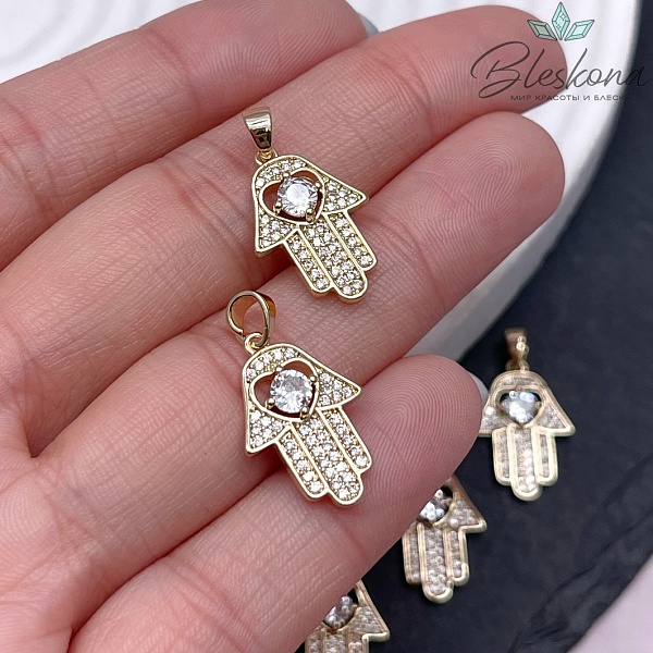 19*12,9 мм Цвет золото, Подвеска Рука Фатимы сердце цирконы