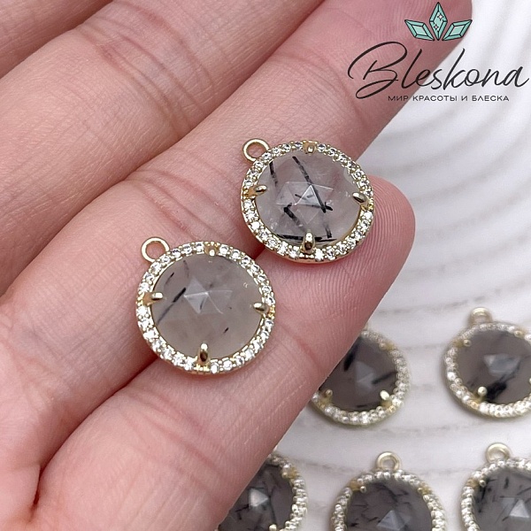 13 мм, цвет золото Подвеска круг Турмалиновый кварц  огранка в обрамлении цирконы