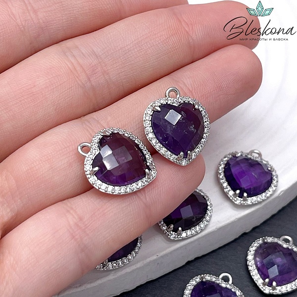 16*18мм ,цвет серебро, Подвеска Сердце в обрамлении Аметист огранка цирконы