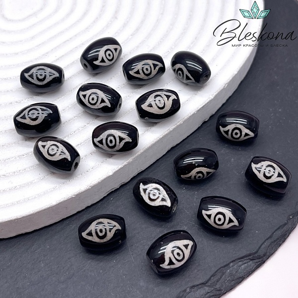 Бусина Дзи 2 глаза Феникса черно-белый бочонок 10*14 мм