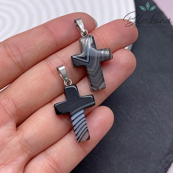 Подвеска крест Агат черный, цвет серебро 28*18 мм