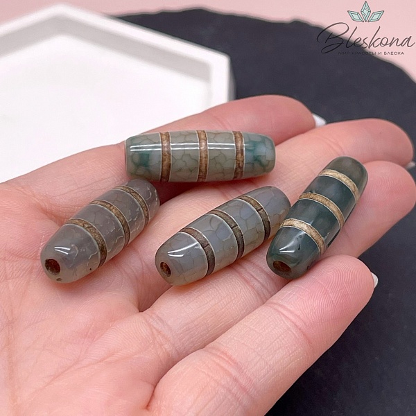 Бусина Дзи Полосатая зелено-коричневый бочонок 30*11 мм