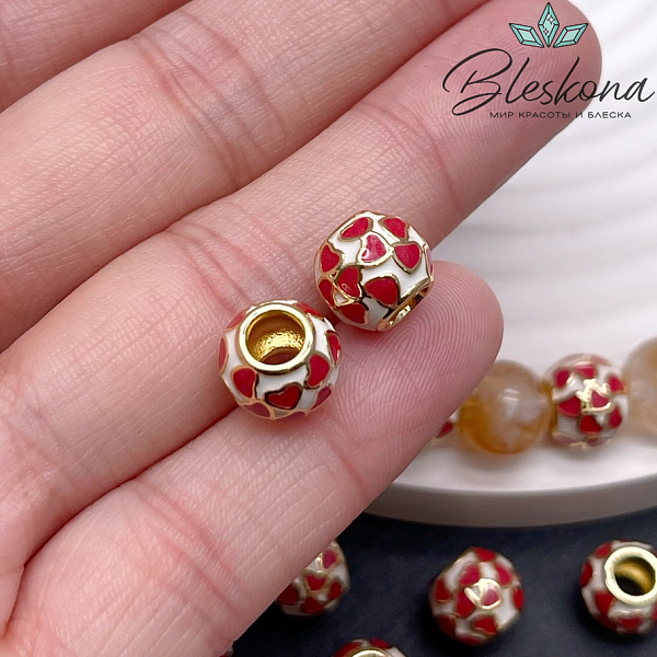 8*10 мм Цвет золото, Бусина бочонок сердечки эмаль