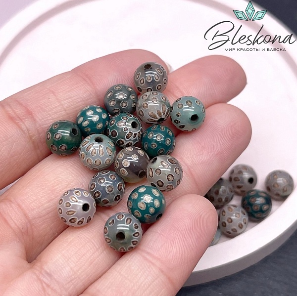 Бусина Дзи точки зелено-коричневый шар 8 мм уп.15 шт.