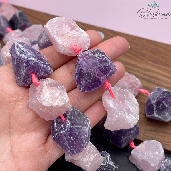 Микс куски аметист, розовый кварц (20-28)*(18-24) мм