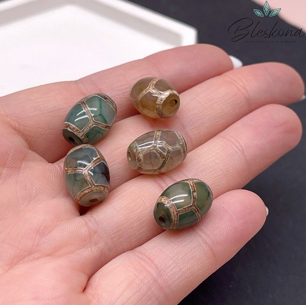 Бусина Дзи Черепаха зелено-коричневый бочонок 10*14 мм