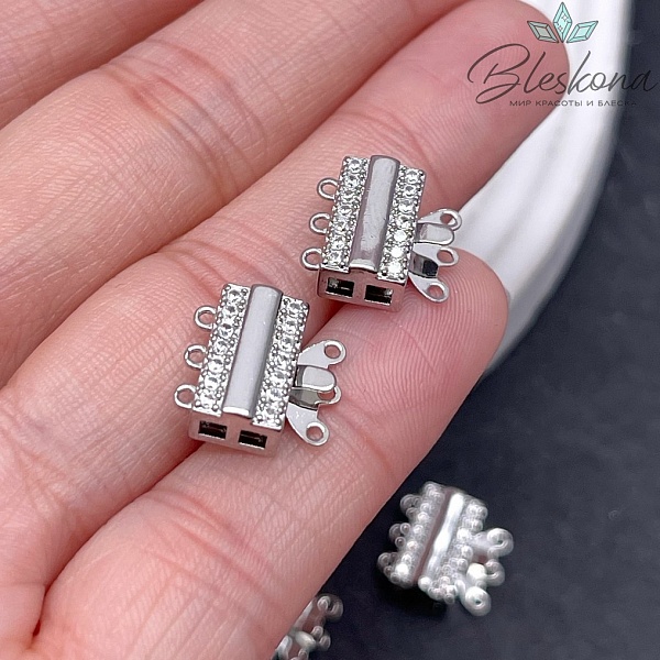 12,5*12мм Цвет серебро, Замок защелка прямоуг-к цирконы