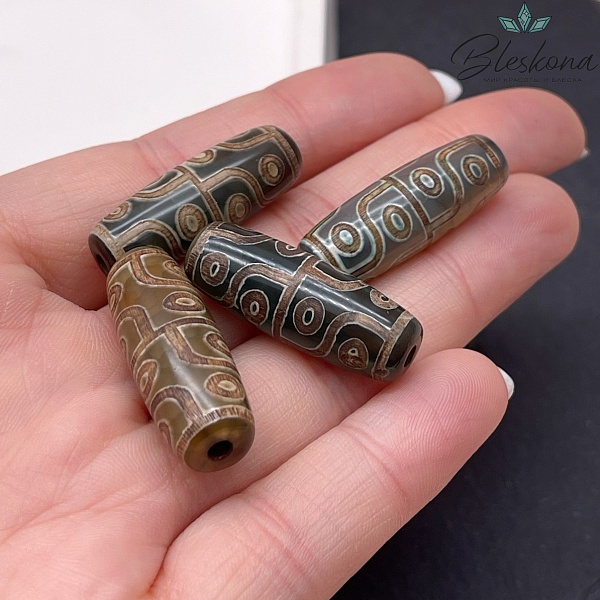 Бусина Дзи 12 глаз зелено-коричневый бочонок 30*11 мм