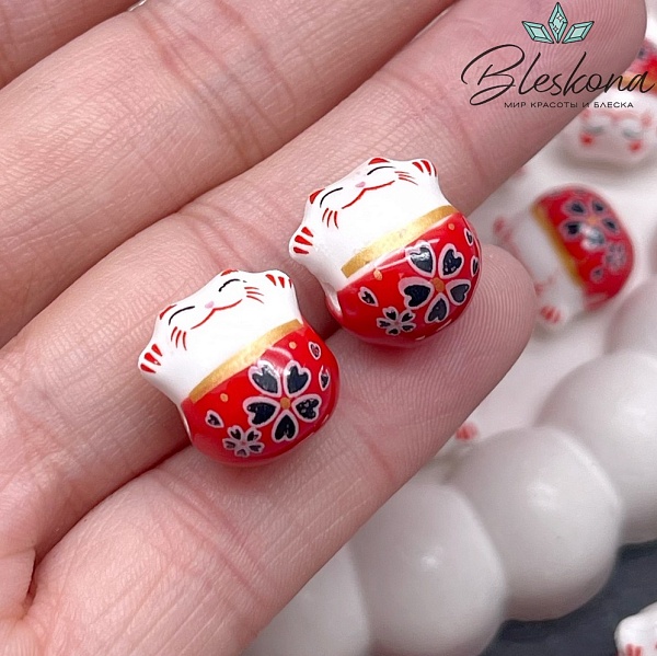 13,5*13 мм Керамика бусина Котик красный, отверстие поперек