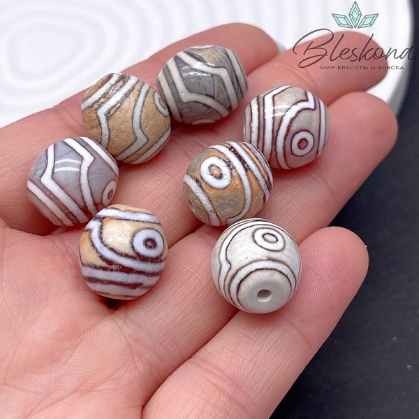 Бусина Дзи 2 глаза серо-коричневый бочонок 14*14 мм