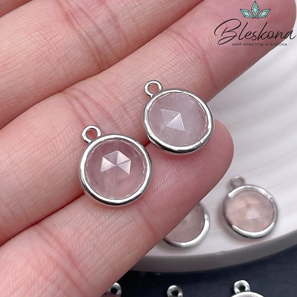 11,5мм, цвет серебро ,Подвеска круг мини Розовый кварц огранка