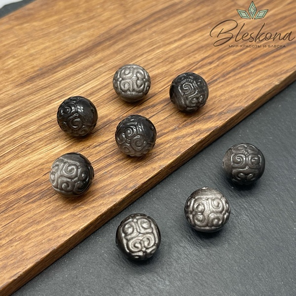 Резная бусина Узор Обсидиан серебристый шар 14,5мм