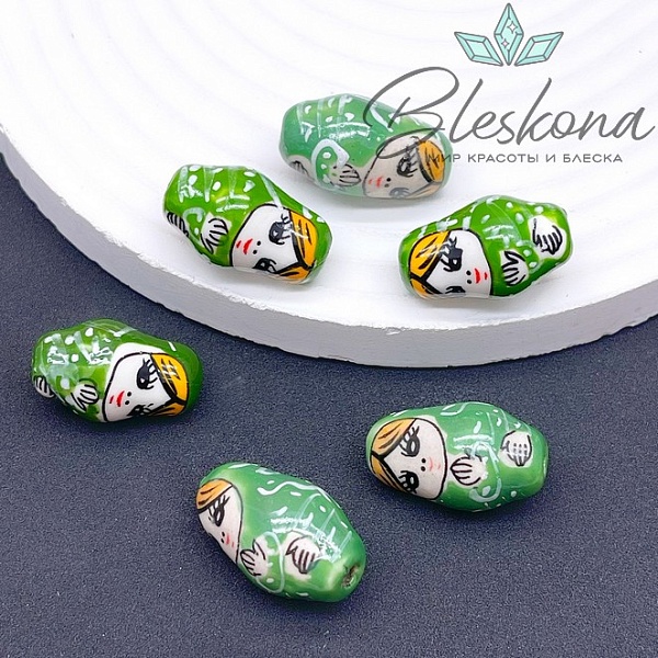 23*14 мм Керамика бусина матрёшка зеленая