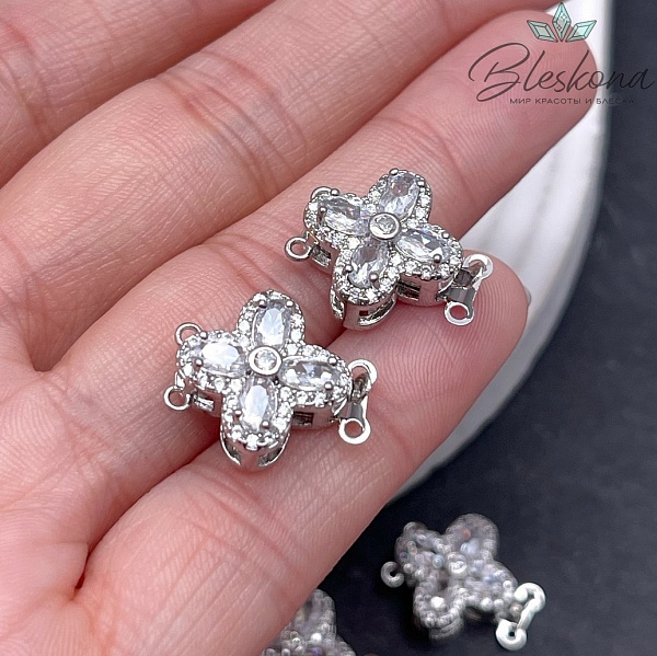 17*14,5мм Цвет серебро, Замок защелка клевер цирконы