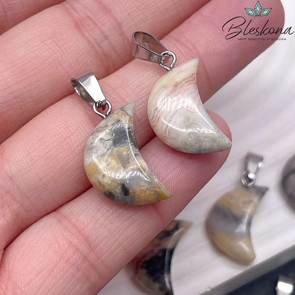 18*13 мм Цвет серебро, Подвеска полумесяц Агат кружевной 