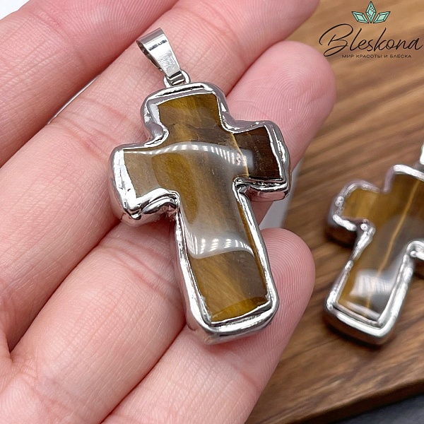 37*25 мм Цвет серебро, Подвеска крест Тигровый Глаз в обрамлении