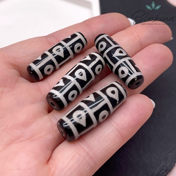 Бусина Дзи 9 глаз Капли Дождя черно-белый бочонок 30*11 мм