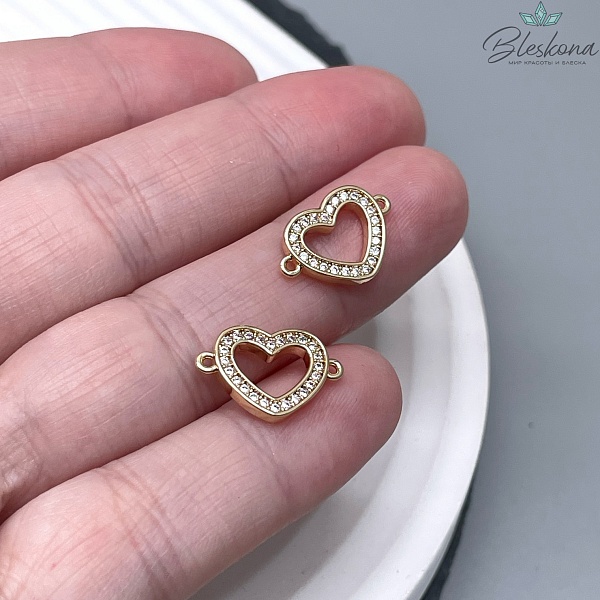 Коннектор сердце с цирконами, цвет золото 10*15мм 