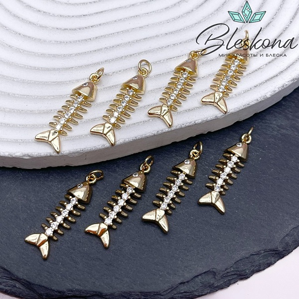 28*8 мм Цвет золото, Подвеска скелет рыбки с цирконами