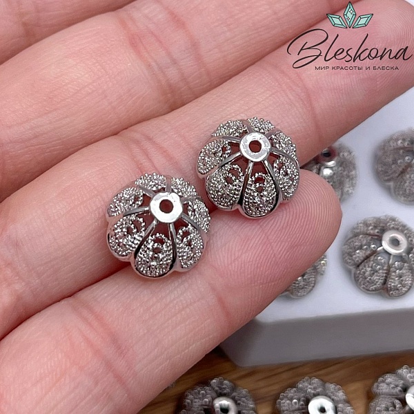 12,5 мм Цвет серебро, Шапочка цветок с цирконами 