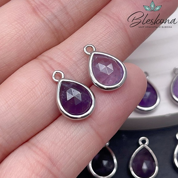14*9,5 мм Цвет серебро, Подвеска капля Аметист огранка