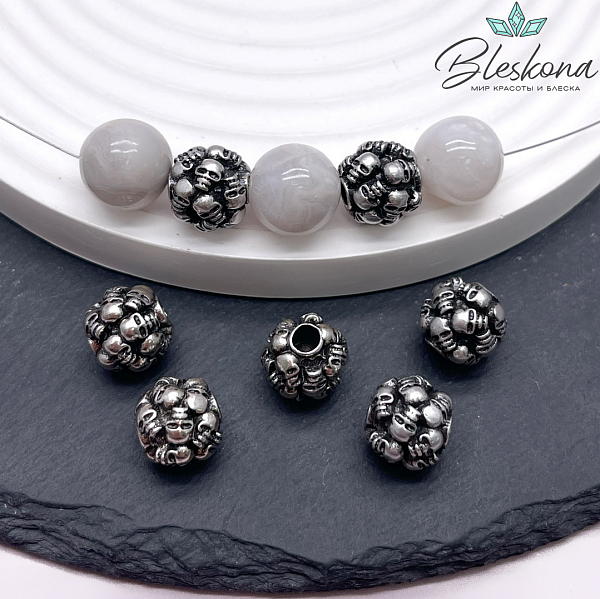 10 мм Цвет серебро, Бусина шар черепа