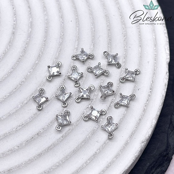 7,6*5 мм Цвет серебро, Коннектор ромб циркон 