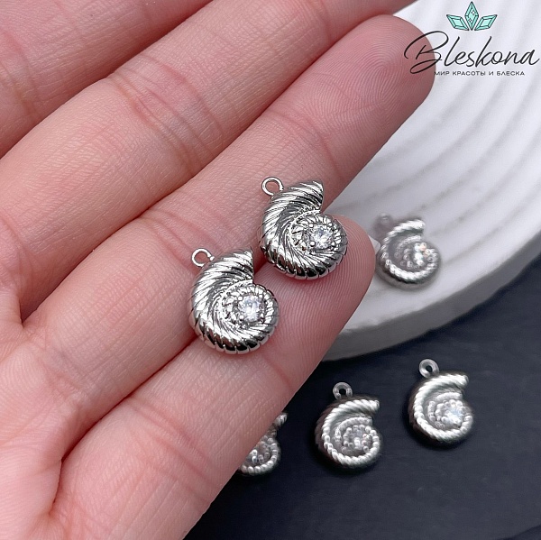 14*10,5 мм Цвет серебро, Подвеска ракушка улитка циркон 