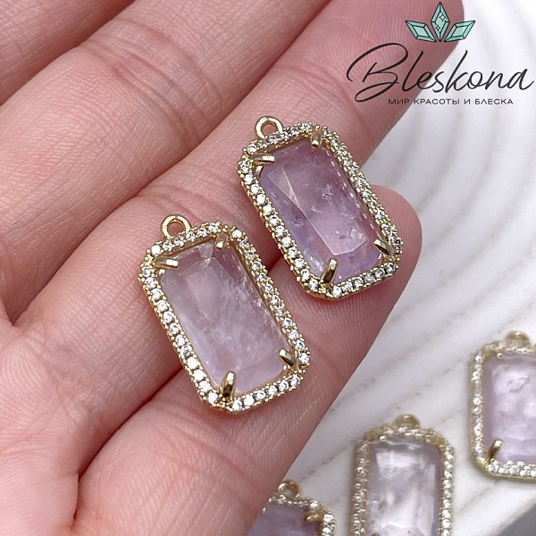 12*21мм, цвет золото ,Подвеска Прямоугольник Лавандовый Аметист в обрамлении цирконы