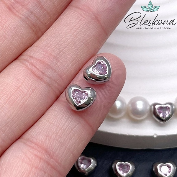 6,6*7,8 мм Цвет серебро, Бусина Сердце розовый циркон